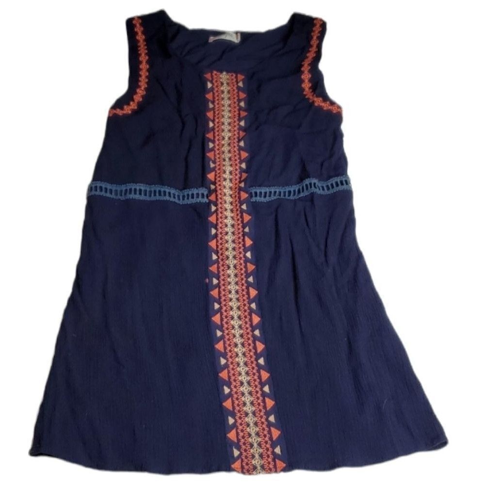 L MISS ME GIRLS EMBROIDERED sleeveless navy blue pink LINED DRESS large